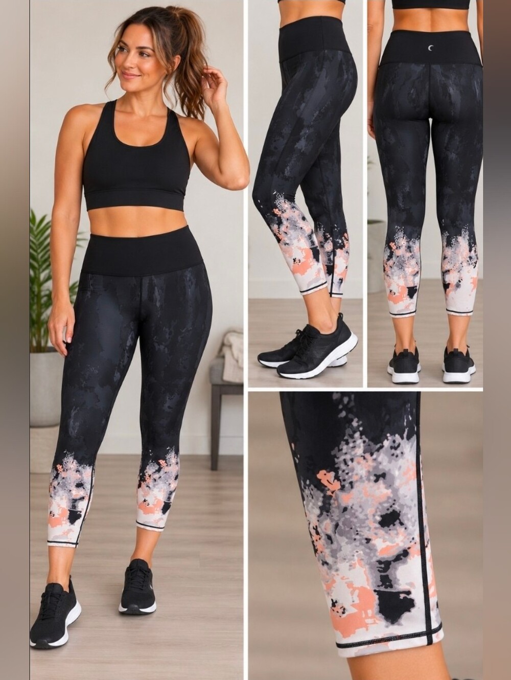 Zyia Active Black Capri Leggings with Coral and White Print